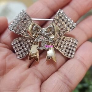 Crystal-Embellished Gold & Silver Bow Brooch